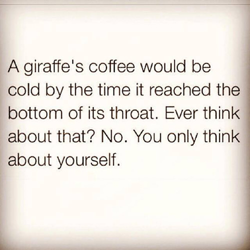 Coffee #28: A giraffe's coffee would be cold by the time it reached the bottom of its throat. Ever think about that? No. You only think about yourself.