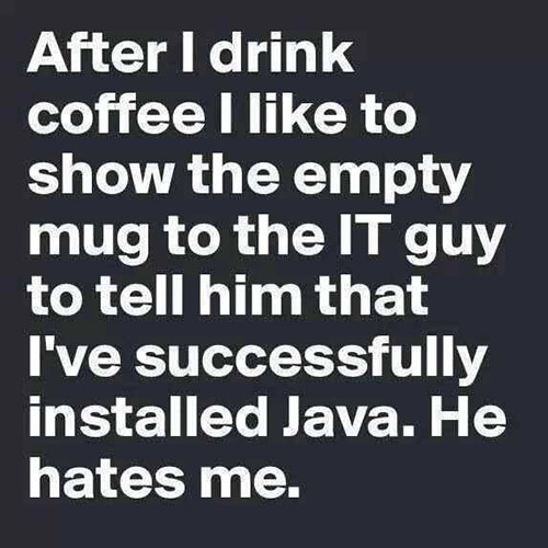 Coffee #29: After I drink coffee, I like to show the empty mug to the IT guy to tell him that I've successfully installed Java. He hates me.