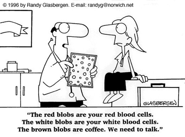 Coffee #80: The red blobs are you red blood cells. The white blobs are your white blood cells. The brown blobs are coffee. We need to talk.