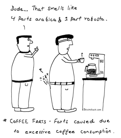 Coffee #167: Dude, that smells like 4 parts arabica and 1 part robusta. Coffee farts - farts caused by excessive coffee consumption.