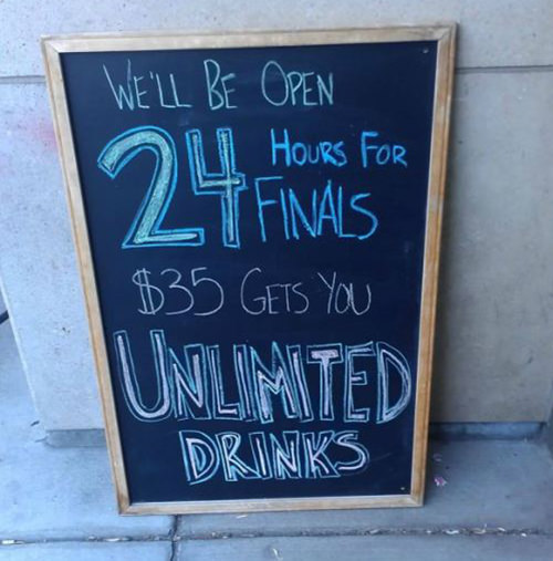Coffee #229: We'll be open 24 hours for Finals. $35 gets you unlimited drinks.