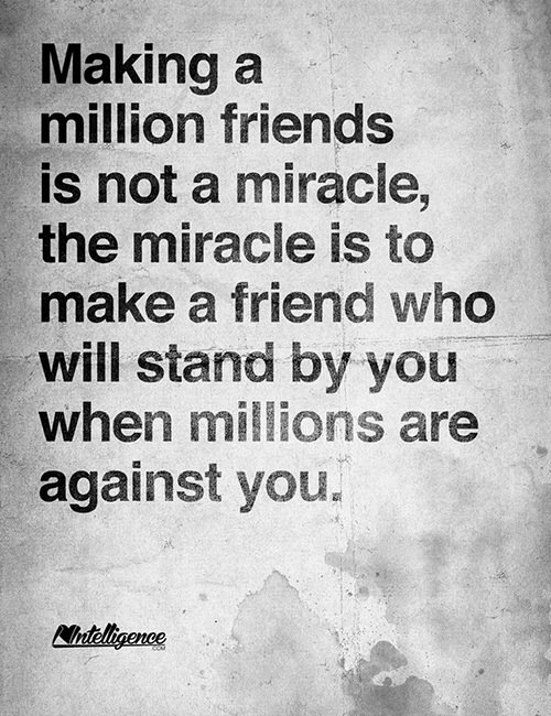 Friendship #15: Making a million friends is not a miracle, the miracle is to make a friend who will stand by you when millions are against you.