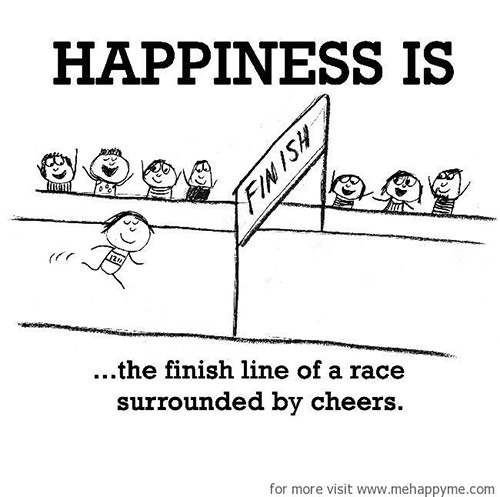 Happiness #378: Happiness is the finish line of a race surrounded by cheers.