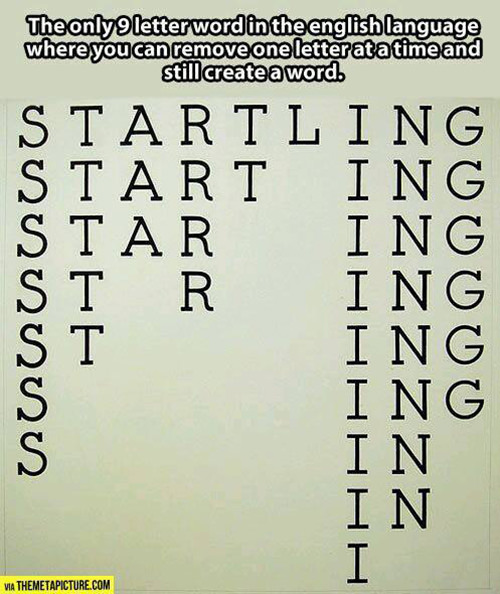 Literary #147: STARTLING. The only nine letter word in the english language where you can remove one letter at a time and still create a word.