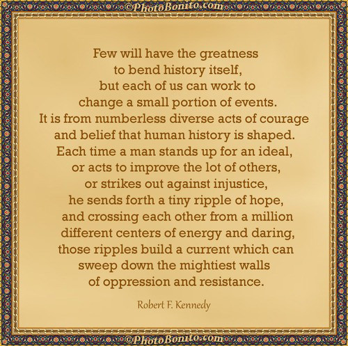 Save Our Planet #40: Few will have the greatness to bend history itself, but each of us can work to change a small portion of events. It is from numberless diverse acts of courage and belief that human history is shaped. Each time a man stands up for an ideal, or acts to improve the lot of others, or strikes out against injustice, he sends forth a tiny ripple of hope, and crossing each other from a million different centers of energy and daring those ripples build a current which can sweep down the mightiest walls of oppression and resistance.