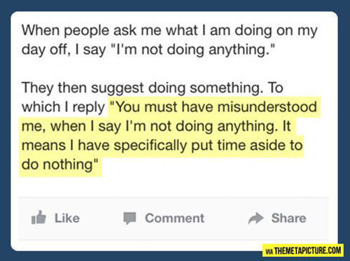 Tickled #498: You must have misunderstood me, when I say I'm not doing anything, it means I have specifically put time aside to do nothing.