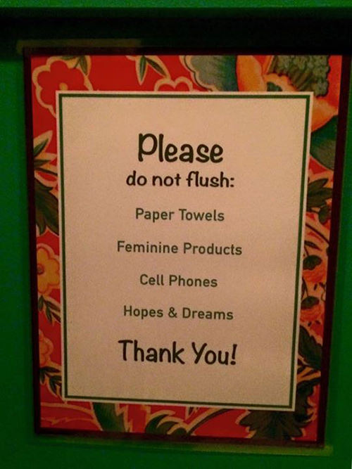 Tickled #580: Please do not flush: paper towels, feminine products, cell phones, hopes and dreams.
