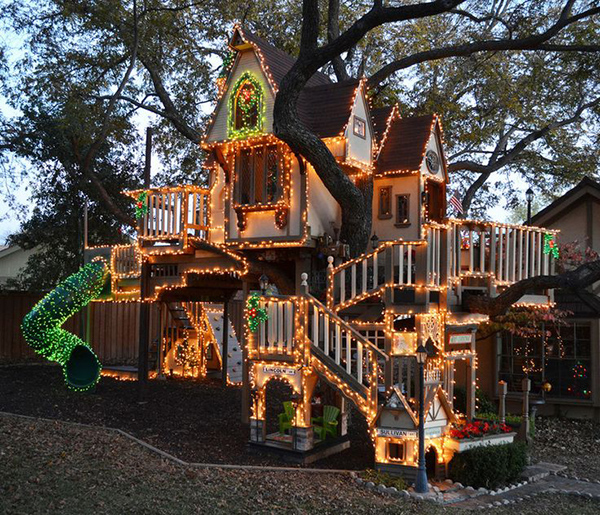 Treehouses #47: Magical treehouse with Christmas lights.